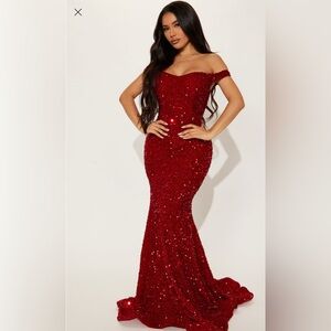 Elegant Red Sequin Off-Shoulder Gown